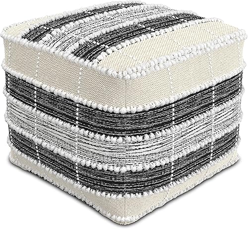 SIMPLIHOME Puf cuadrado bohemio de cebada en blanco, beige, relleno de poliestireno negro para la sala de estar, el dormitorio y la habitación de