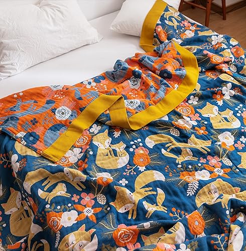 Miniatura 2 de MEJU Manta Fox Mum & Kid 100% algodón de 4 capas de muselina para niños, para cama, sofá, acogedora y suave para viajes, playa (zorro, FQ 78 x 90
