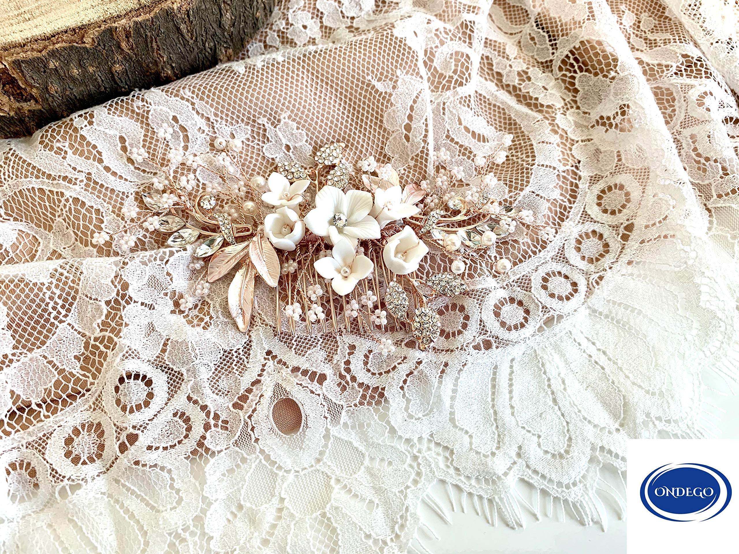 Rosegold Brauthaarschmuck Haarkamm – Handgefertigter 3D Blumen Haarschmuck mit Perlen & Strass – Leichter Haarkamm für Hochzeit Brautfrisur Festliche Anlässe