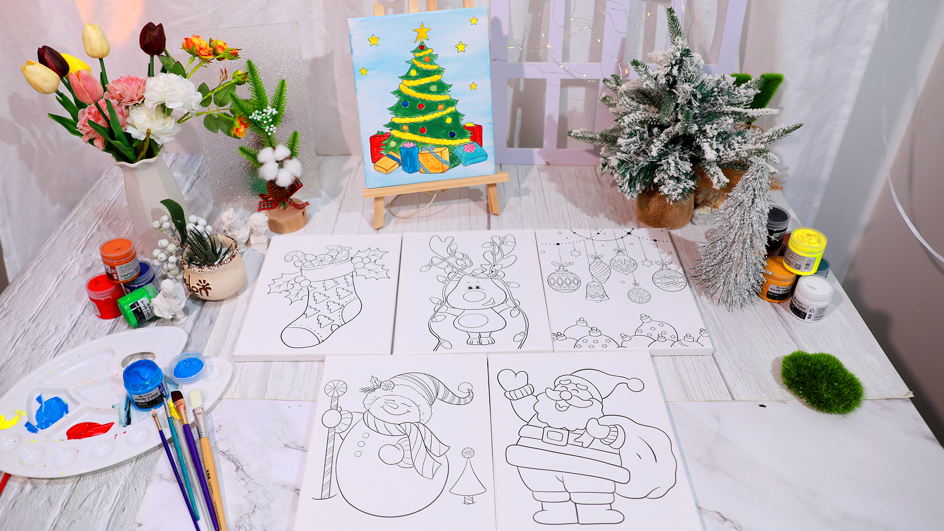 COCHIE 6 Pack 8x10 Inches Christmas Pre Drawn Canvas To Paint For Sip And Paint Party, X-mas Pre Printed Canvases, Peppermint Candy House Snowman Pre Sketched Canvas For Painting For Adults