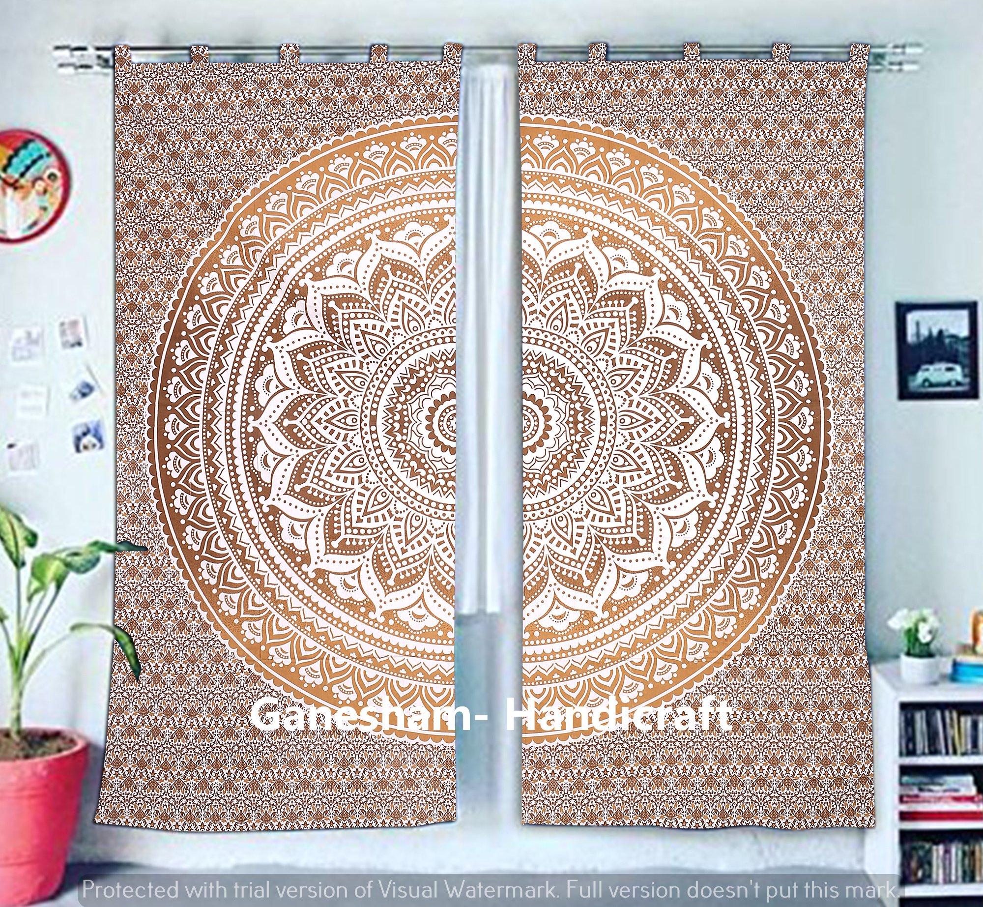 GANESHAM HANDICRAFTS Golden mandala tapestry curtains, boho curtains, tapestry drapes, mandala window treatment,boho gypsy dorm decor indian curtains