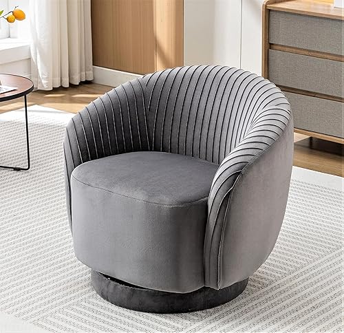 Miniatura 6 de Silla giratoria moderna de barril con tapicería de terciopelo de felpa y rotación suave de 360, sofá de un asiento redondo para sala de estar,