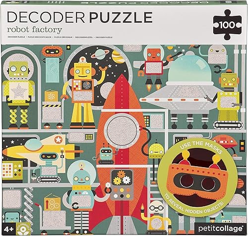 Miniatura 5 de Petit Collage Robot Factory Decoder - Rompecabezas para niños, 100 piezas, incluye gafas para descubrir objetos ocultos, rompecabezas robot para