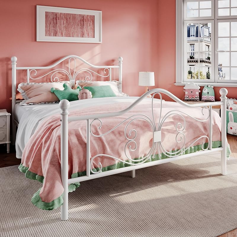 SHA CERLIN Full Size Metal Bed Frame with Butterfly Headboard, White image 3