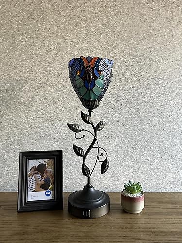 Miniatura 8 de Tiffany - Mini lámpara de mesa con antorcha verde y azul, hojas de metal, base de bronce, incluye bombilla LED, puertos USB para sala de estar,