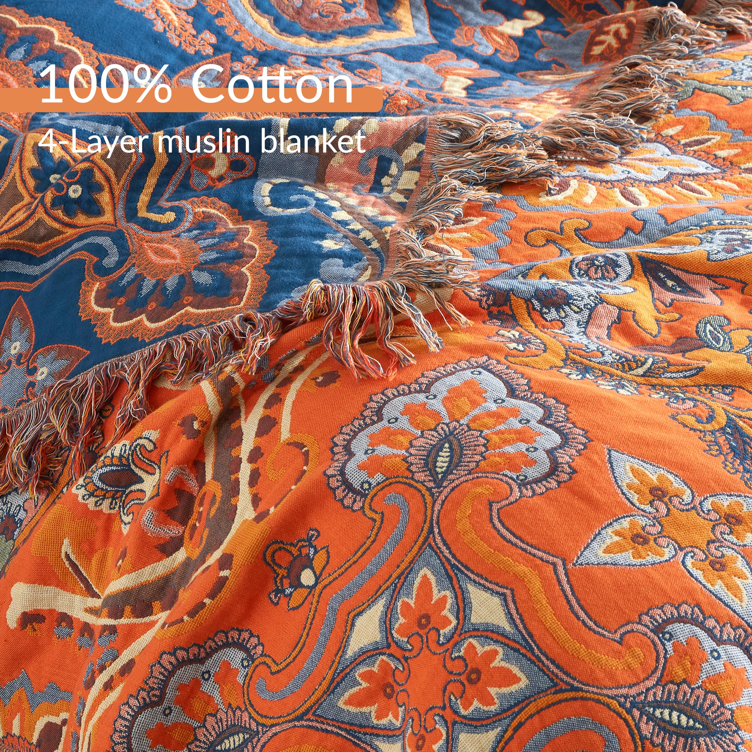 SE SOFTEXLY Manta Boho, 100 % algodón, muselina de doble cara, manta boho, 230 x 250 cm, manta de patchwork para sofá y colcha, ideal para sala de estar y dormitorio, naranja y verde