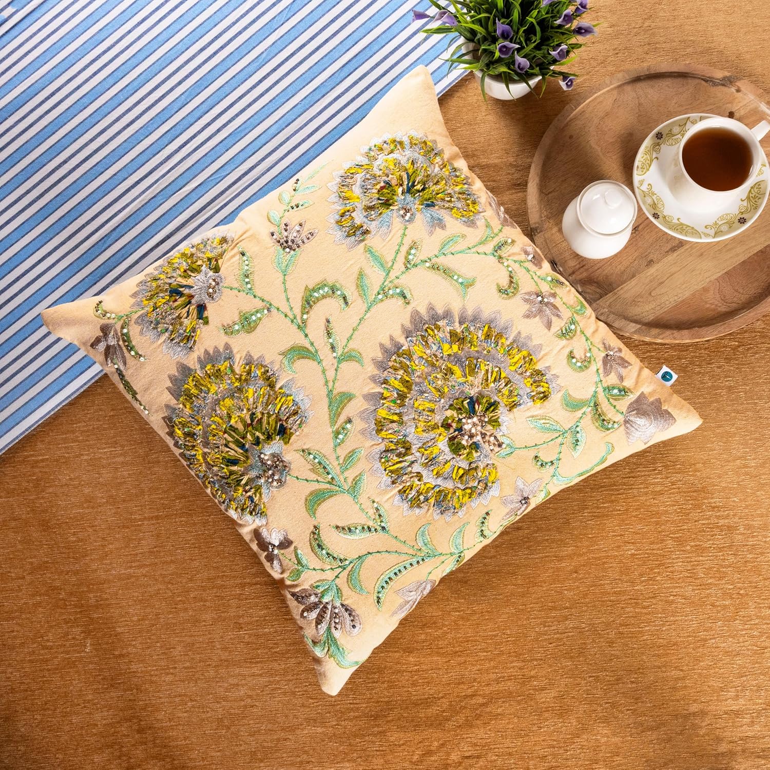 ZOMI Embroidered Patchwork Throw Pillow Covers 18x18 Inch Set of 2 Beaded Floral Cotton Cushion Covers Decorative Square Accent Pillowcases for Sofa Couch Living Room Boho Home Décor (ICY Petal)