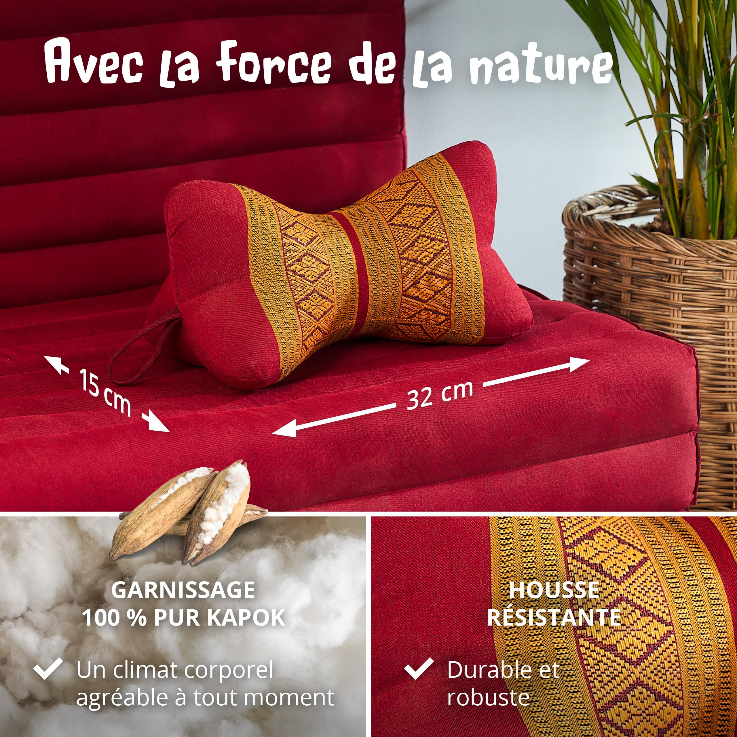 livasia Coussin appuie-Nuque - Ø 15x32cm - Coussin cale-Nuque Forme d’os, Traversin de Sofa, Support de Lecture kapok, Jardin Balcon, Oreiller de Voyage Fait Main (Rouge/Jaune)
