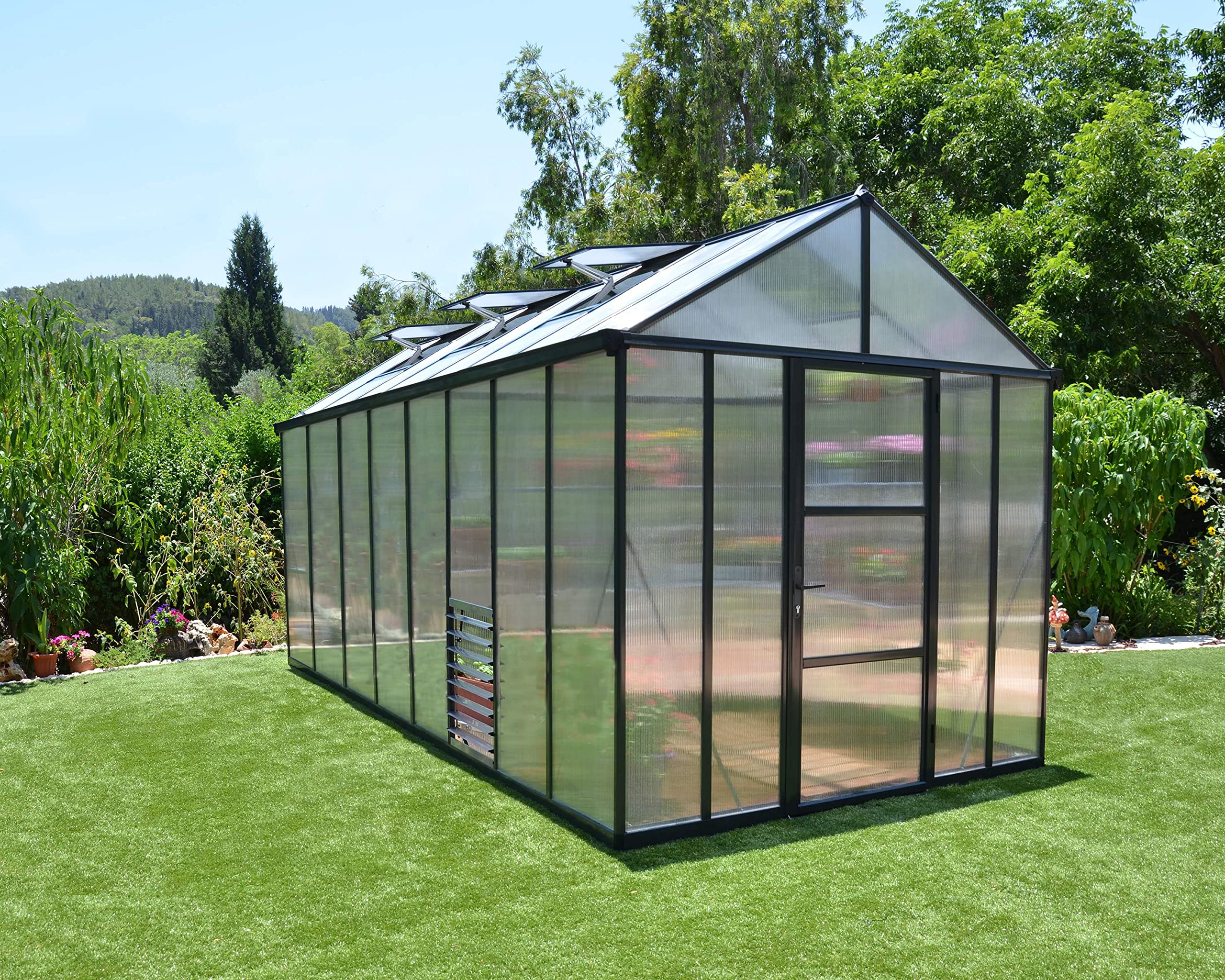 Palram Glory Gewächshaus - 10 mm Polycarbonat & extra dicker Aluminiumrahmen - Die solide Wahl des Gärtners, grau, 483.5 x 244.5 x 268.5 cm