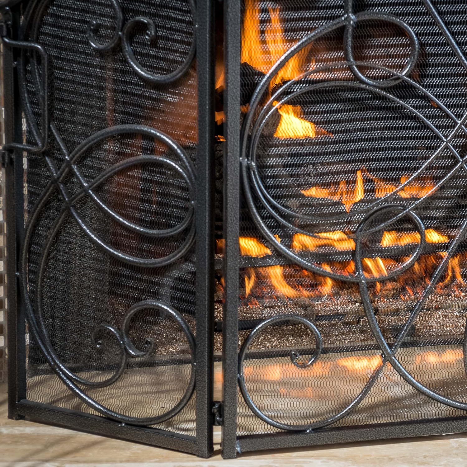 Ornate Black and Silver Iron Three-Panel Fireplace Screen