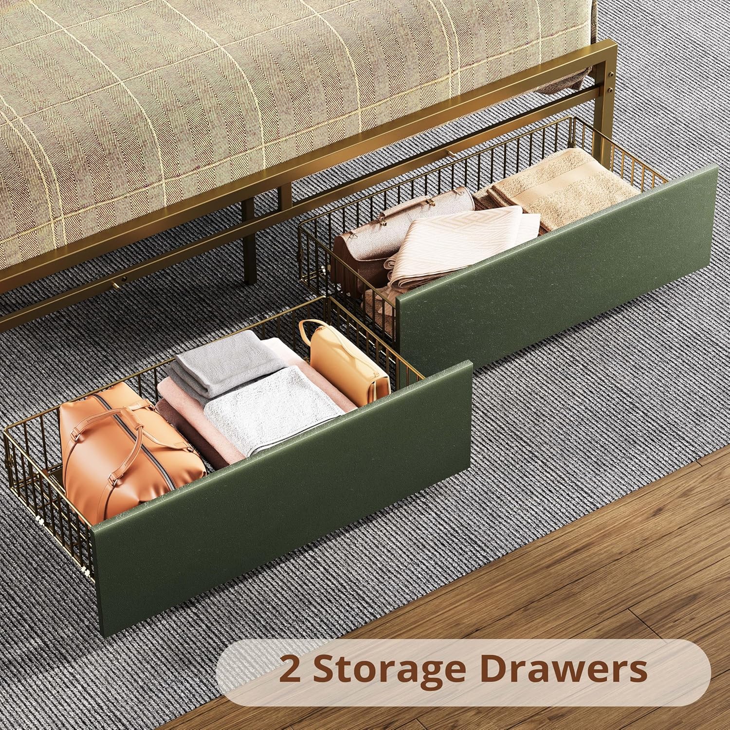 LIKIMIO Queen Bed Frame, Storage Headboard with Charging Station, Platform Bed with Drawers, No Box Spring Needed, Easy Assembly, Dark Green