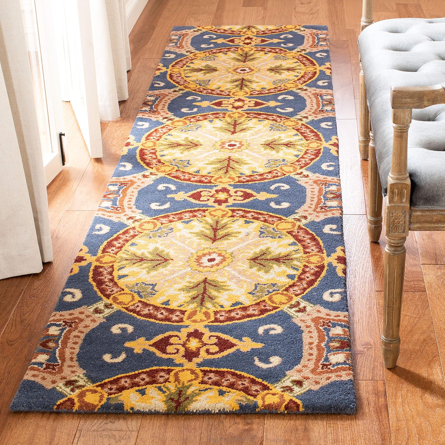 SAFAVIEH Wyndham Collection Runner Rug - 2'3" x 9', Blue & Gold, Handmade Modern Wool, Ideal for High Traffic Areas in Living Room, Bedroom (WYD320A)