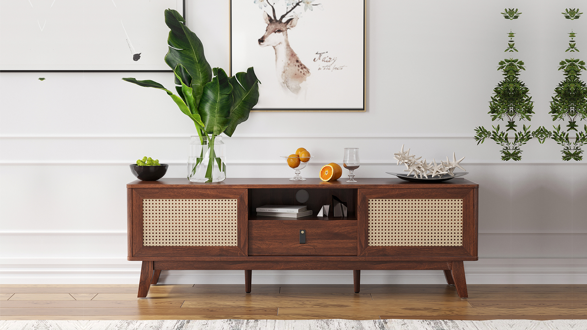 Amazon.com: Soohow Rattan TV Stand for TVs, Wood TV Stand Mid