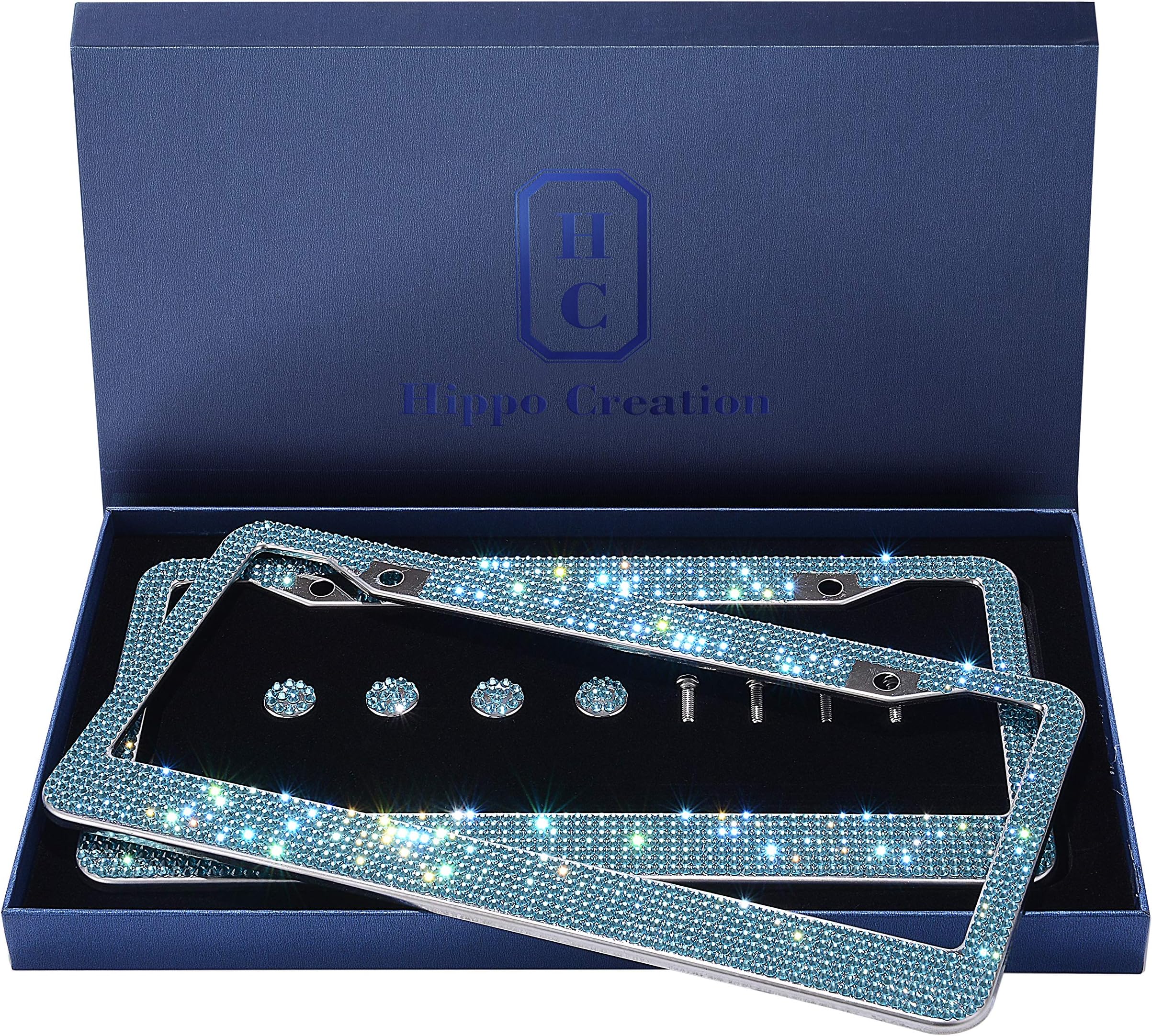 2 Pack Luxury Handcrafted True Color Bling Aqua Blue Rhinestone Stainless Steel License  Plate  Frame w/Gift Box | 1000+ pcs Finest 14 Facets SS20 Aqua Blue Rhinestone Crystal