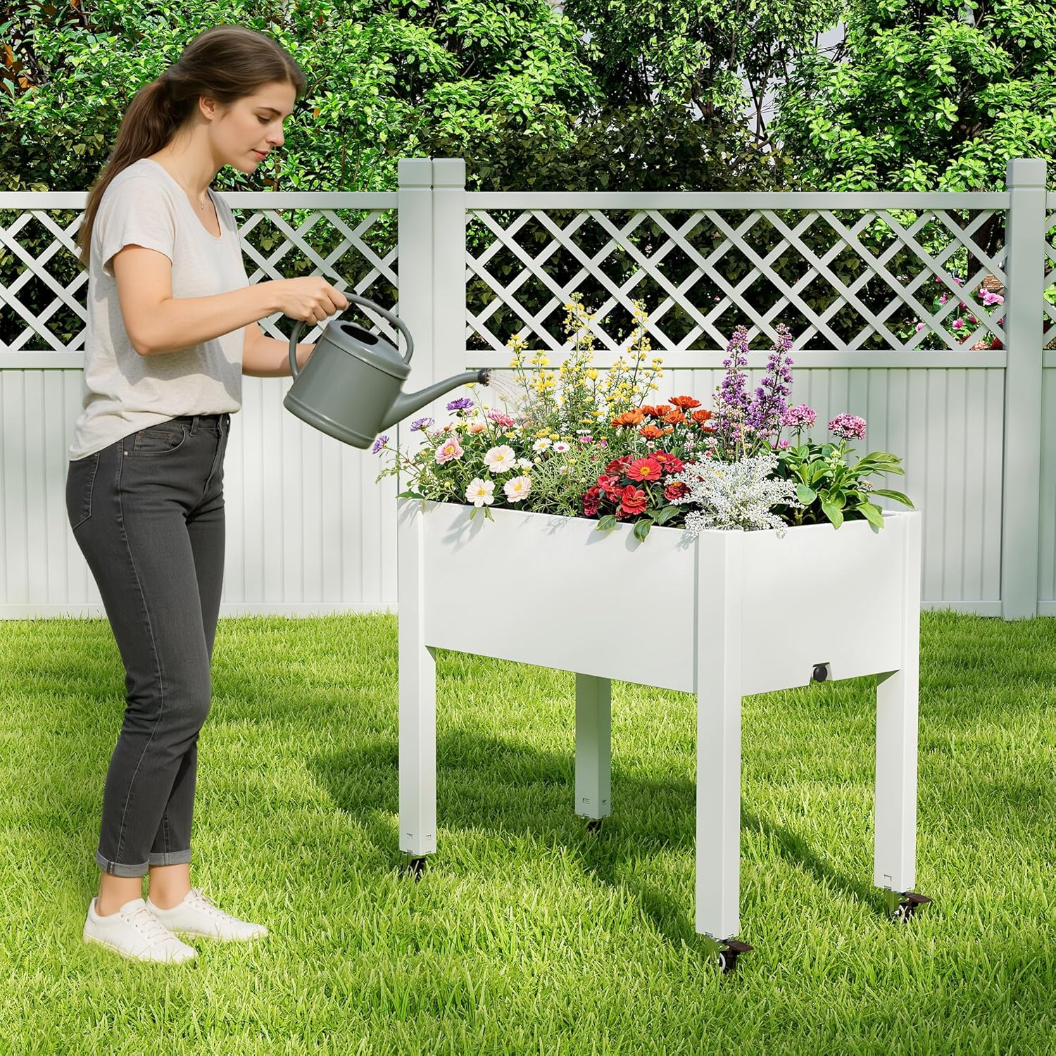 Elevated Raised Garden Bed with Wheels - Outdoor Mobile Resin Planter Box with Drainage Holes for Vegetables Flower Herbs, Weather Resistant, White (26.3" h)