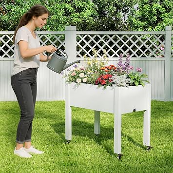 Elevated Raised Garden Bed with Wheels - Outdoor Mobile Resin Planter Box with Drainage Holes for Vegetables Flower Herbs, Weather Resistant (White)