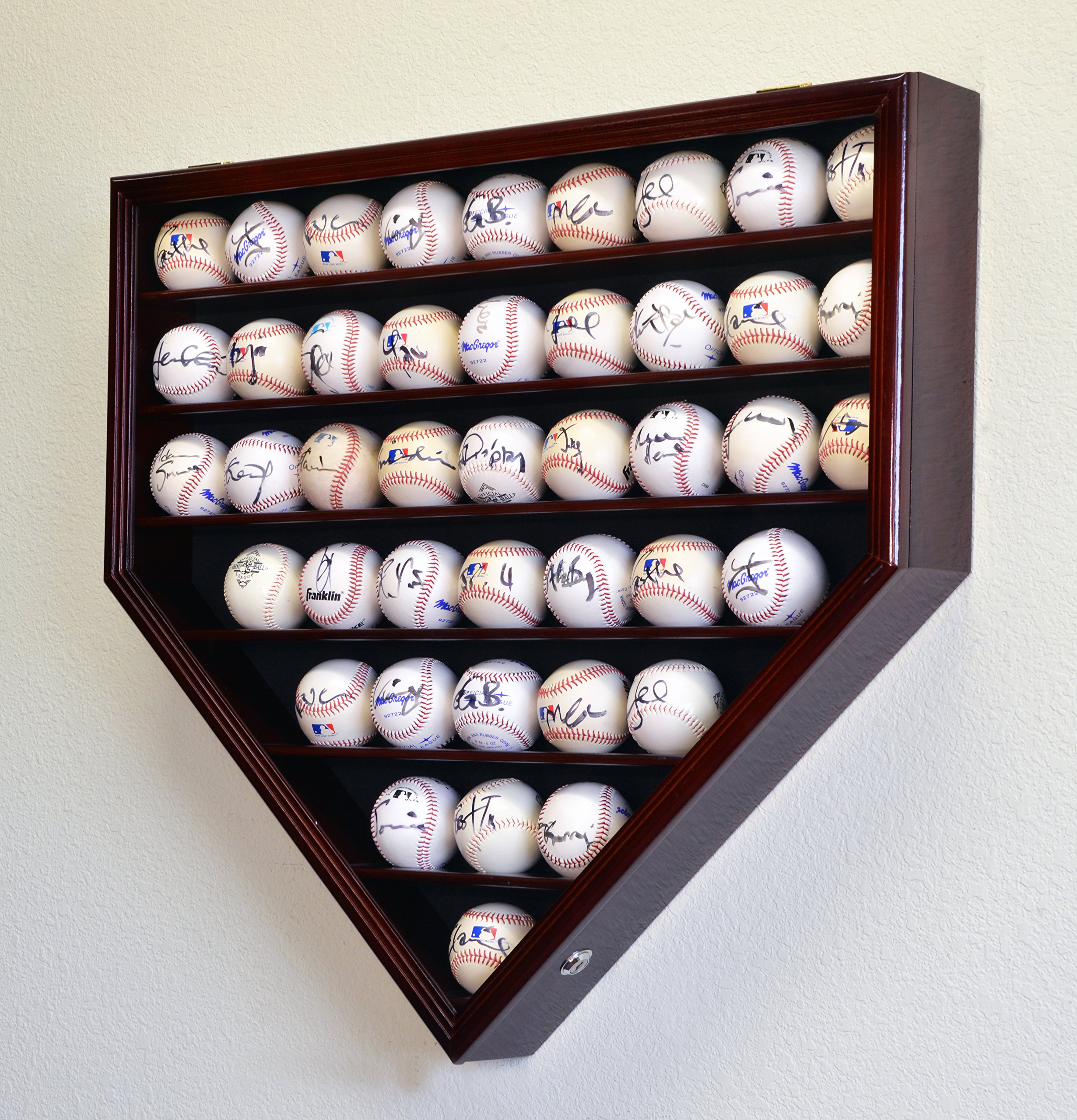 43 Baseball Ball Display Case Cabinet Holder Rack Home Plate Shaped w/98% UV Protection- Lockable –Cherry