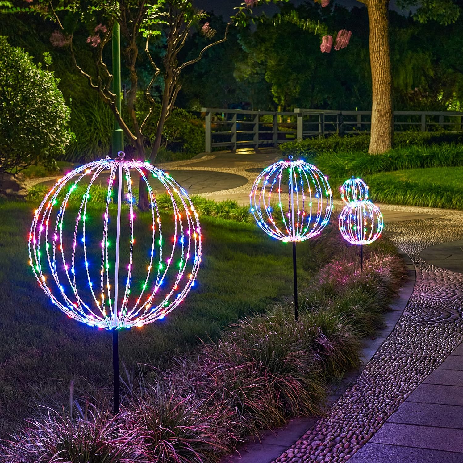 Lightshare 16IN 128LED Light Ball Yard Decoration Pathway Lights Sphere Light with Remote Control Fold Flat Metal Frame Indoor Outdoor Waterproof Garden Lights, Plug in
