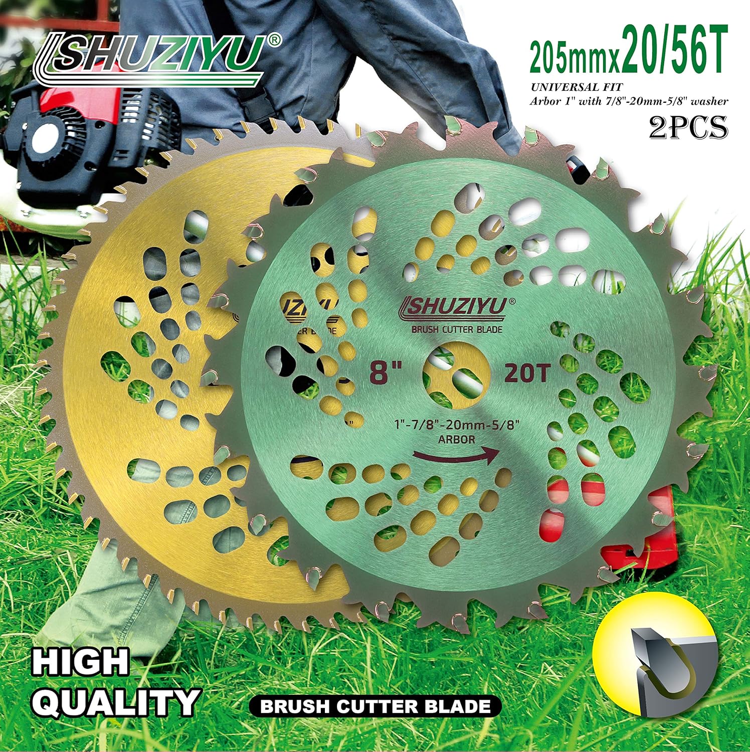 8"-20T-56T, 2pcs-Set. Large Carbide Tip, 1" Arbor with Washer Adapter 7/8"-20mm-5/8, Brush Cutter Blade, Trimmer Weed Blade. Suitable for All Brand of Brush Cutter