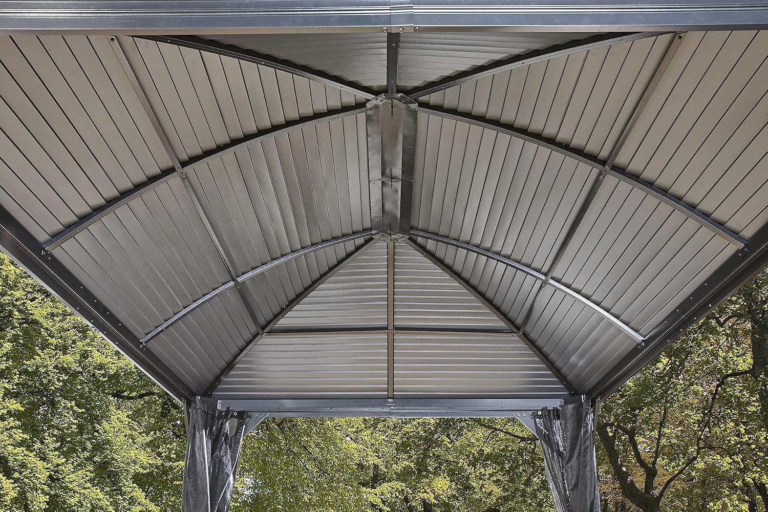 Technical drawing showing the dimensions of the Sojag Moreno 10x12 gazebo from top, front, and side views.