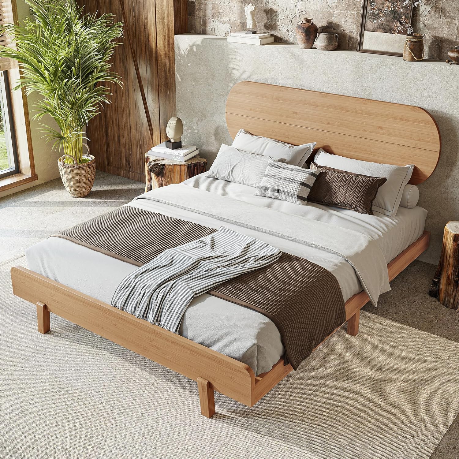 Bellemave Bamboo Queen Platform Bed with Round-Shaped Headboard and Little Footboard, Solid Bamboo-Made Queen Bed Frame with Support Slats for Bedroom, Guest Rooms, Dorms, Natural