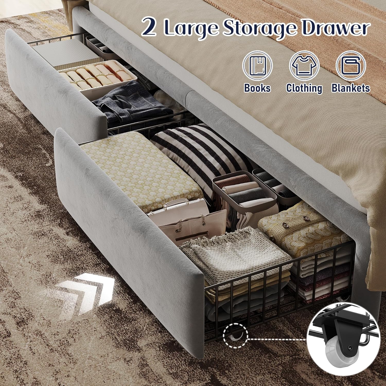 Homkdom Queen Size Bed Frame with Oversized Headboard, Velvet Platform Bed Frame with 2 Storage Drawers,LED Light,Charging Station,No Box Spring Needed,Noise-Free,Grey