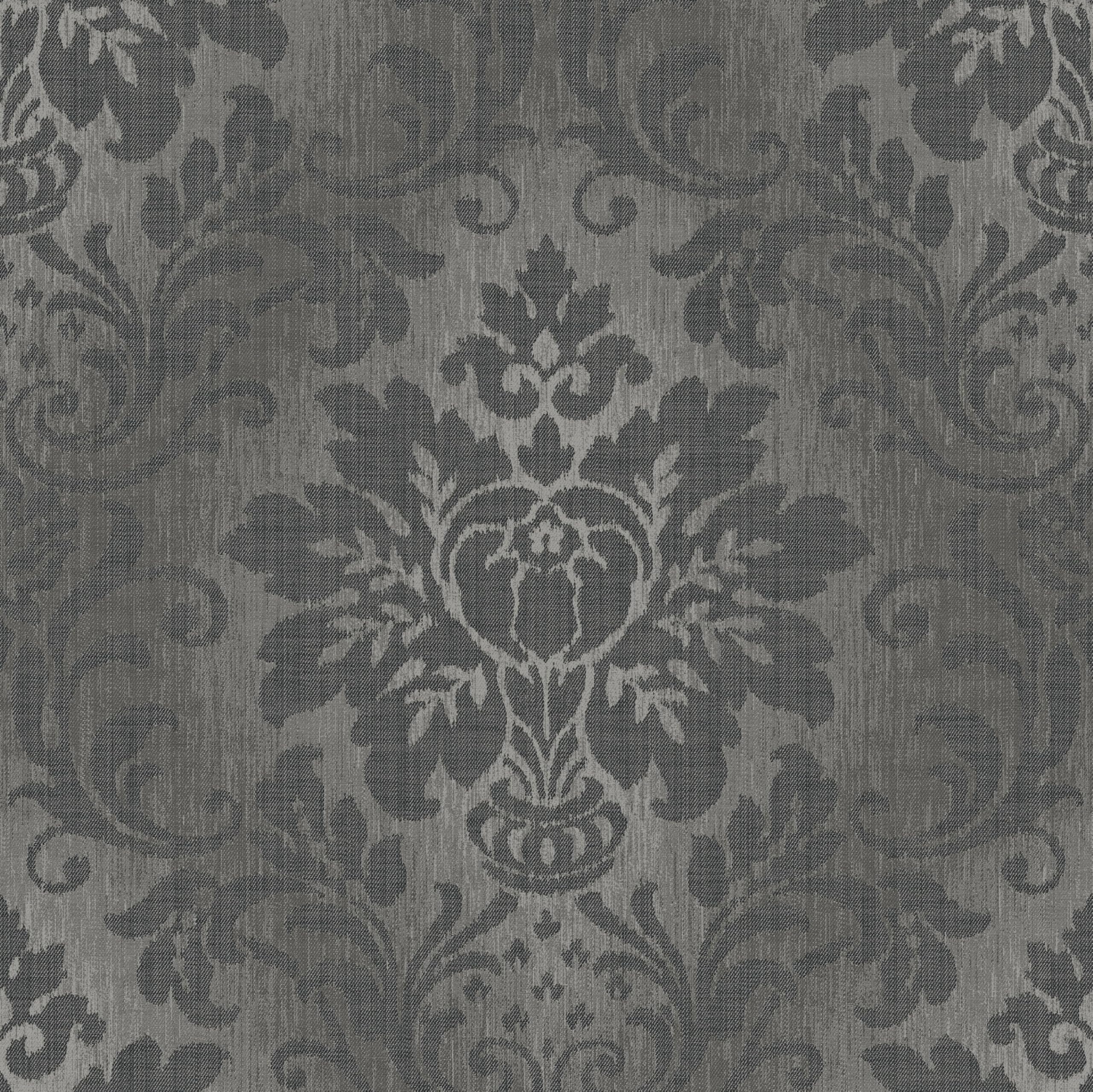 Grandeco Grey Fabric Effect Distressed Damask Wallpaper, Charcoal