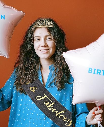 Miniatura 4 de Decoraciones de cumpleaños número 50 para mujer, tiara dorada de corona de cumpleaños número 50, adorno para pastel, banda de cumpleaños con pin de