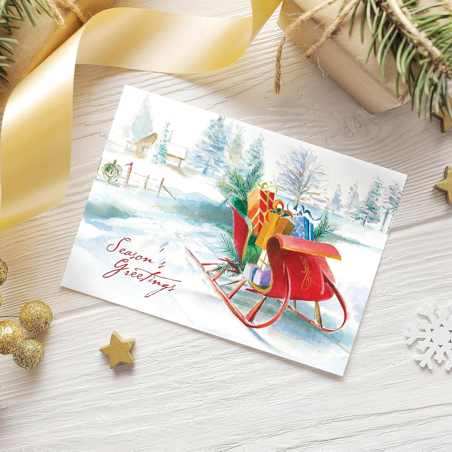 Canopy Street Masterpiece Greetings Sleigh Christmas Cards / 16 Boxed Holiday Card Set With Coordinating Red Envelopes / 5 5/8" x 7 7/8" Folded Winter Snow Greeting Cards With Inside Verse