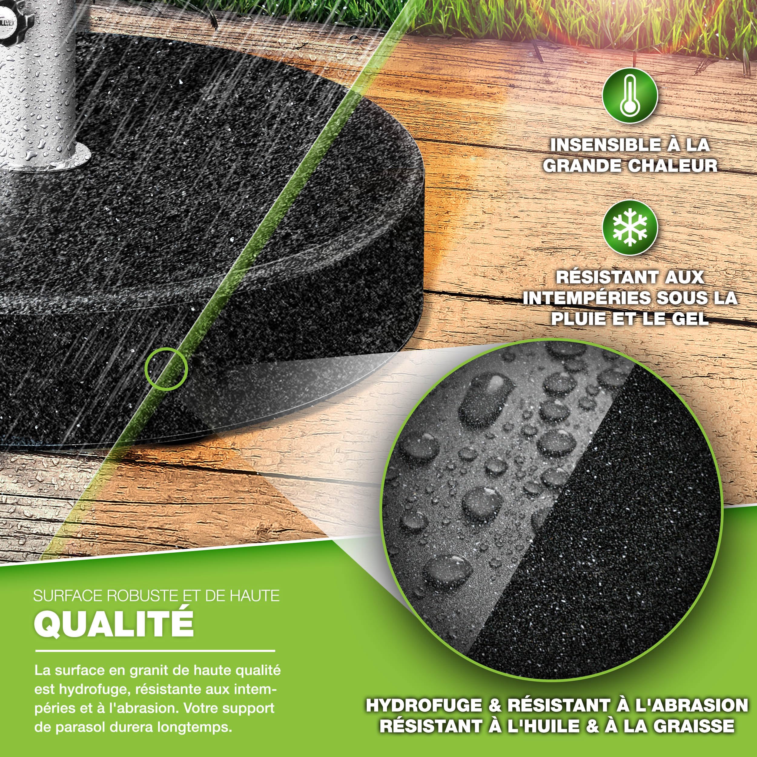 tillvex® Pied de Parasol Rond en Granit avec roulettes - 27 kg | avec Tube en Acier Inoxydable | Parasol Lestage Pieds Base pour pour Parasol déporté mâts de 16 à 48 mm et 250 cm de diamètre