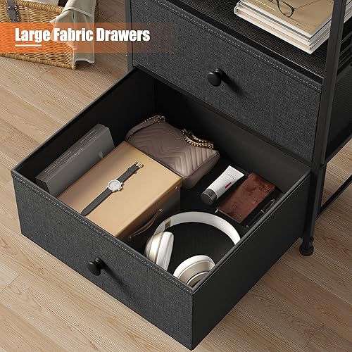 Miniatura 4 de EnHomee Mesita de noche, mesita de noche con cajones de tela y estante de madera abierto, mesa auxiliar de cama industrial para dormitorio, sala de