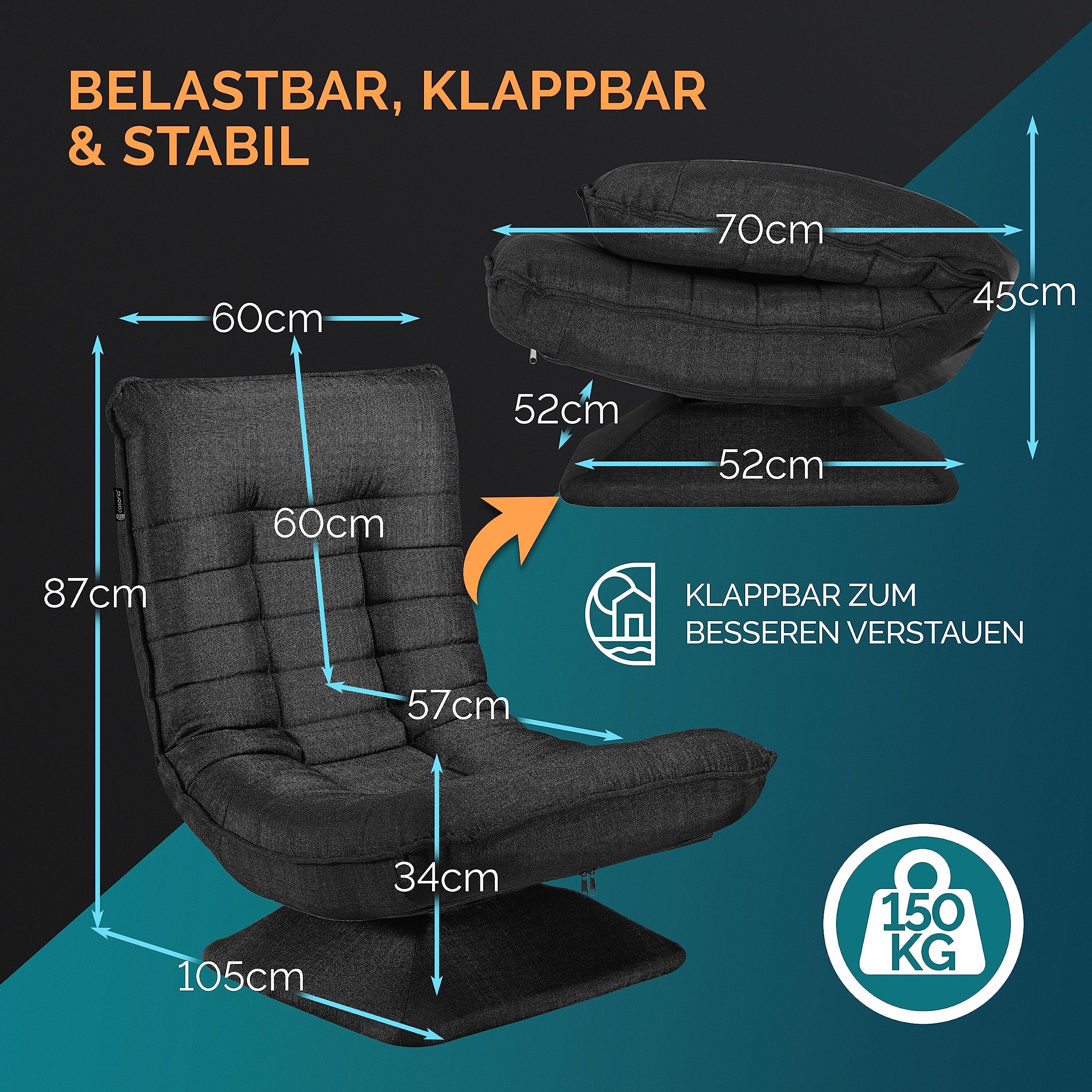 Casaria® Sessel verstellbare Rückenlehne 360° Drehbar Klappbar 150kg Belastbarkeit 60x105x87cm Gepolstert Wohnzimmer Gaming Relax Boden Lounge Sessel Schwarz