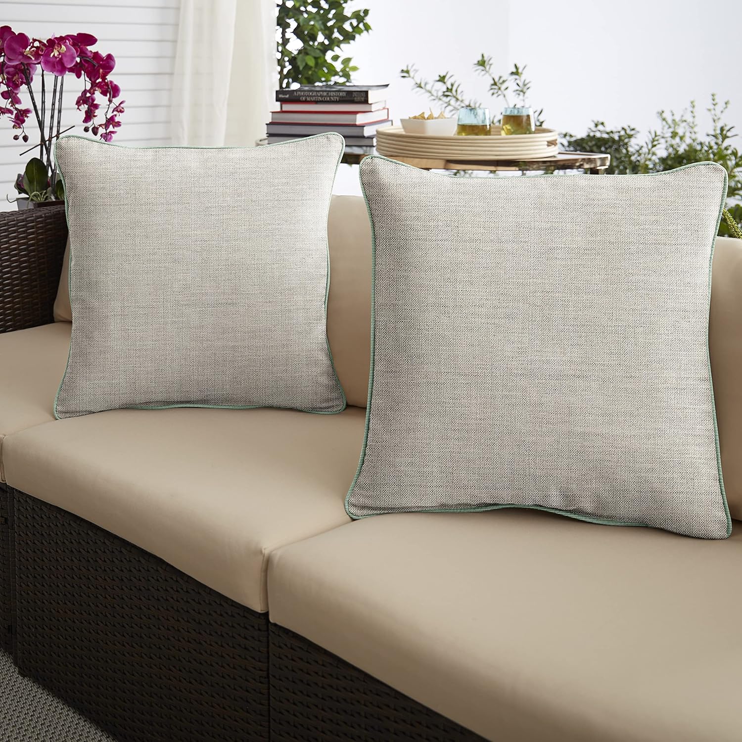 Mozaic Company Sunbrella Indoor/ Outdoor 18" x 12" Corded Lumbar Pillows, Cast Silver and Canvas Spa, Set of 2