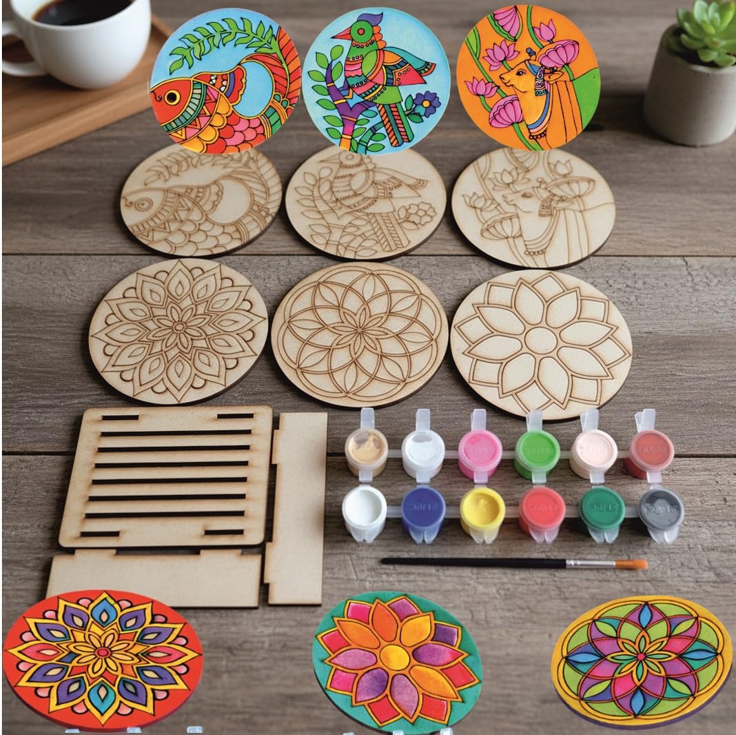 Varenyam DIY Coaster Painting Kit for Kids & Adults | 3 in 1 Mandala, Madhubani & Pichwai Art | Art & Craft Kit | 6 Pre-Marked Wooden 4 Inch MDF Coasters with Stand | Creative Art & Craft Activity | Creative DIY Gift for Birthday, Return Gifts (A)-image-25