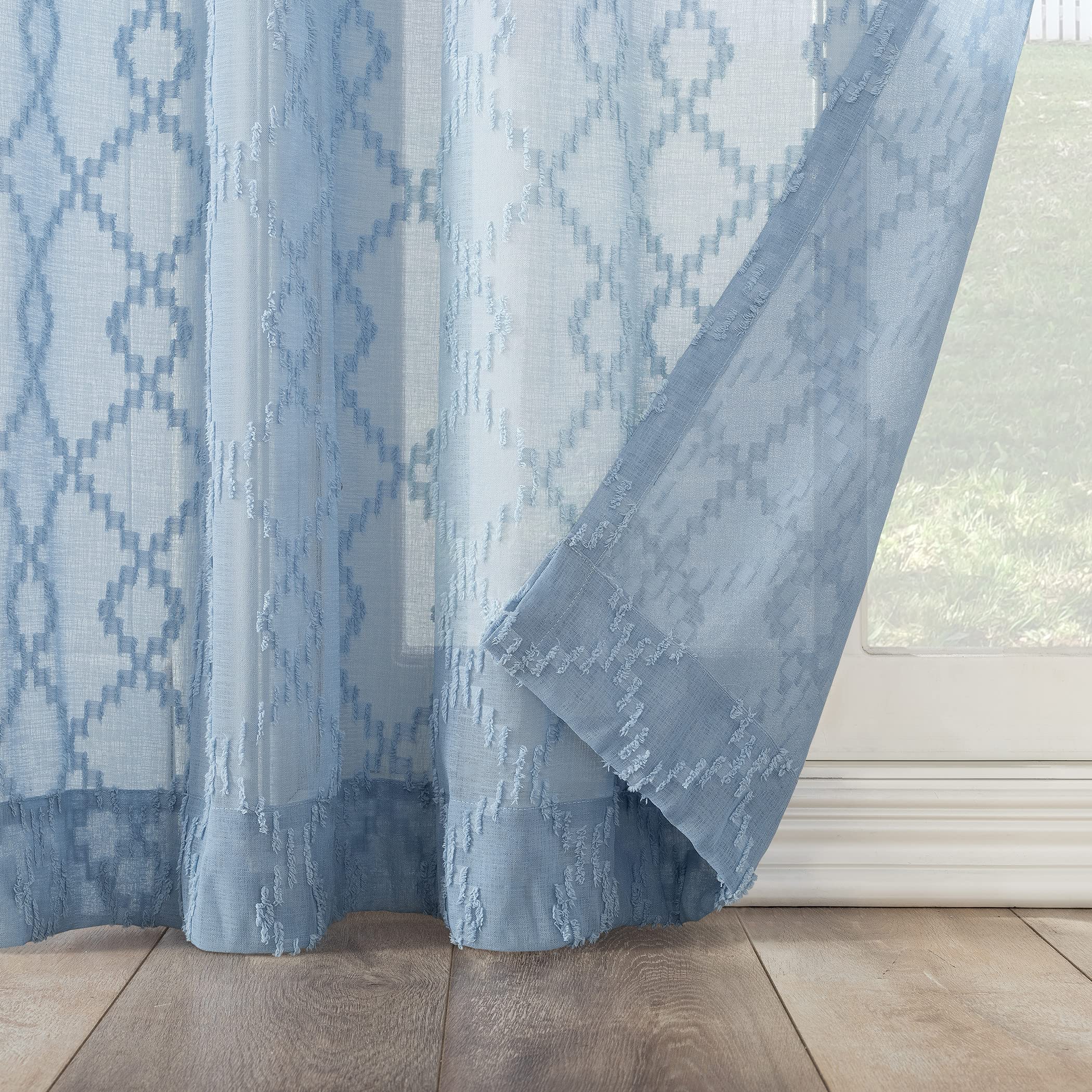 No. 918 Tina Geometric Clipped Semi-Sheer Rod Pocket Kitchen Curtain Valance and Tiers Set, 54" x 36", Tranquil Blue - Image 3