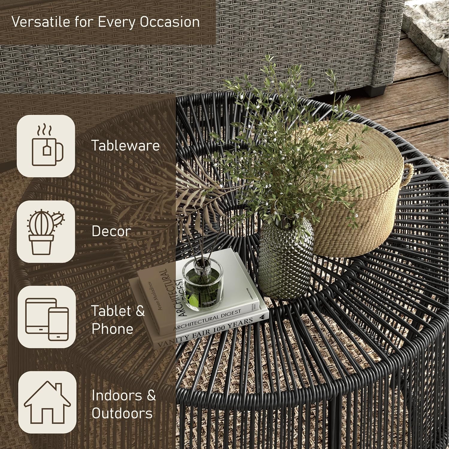 Furniture of America Ysar Boho Rattan Round Coffee Table Outdoor with Metal Frame, All-Weather and Rust Resistant, Handcrafted Coastal Furniture for Patio, Poolside, Garden, Yard, Black