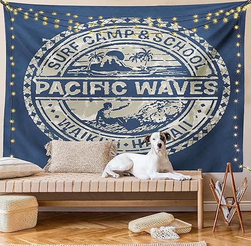 Ambesonne Tapiz moderno, campamento de surf de olas del Pacífico y diseño de efectos de logotipo de Hawaii, colgante de pared ancho para dormitorio,