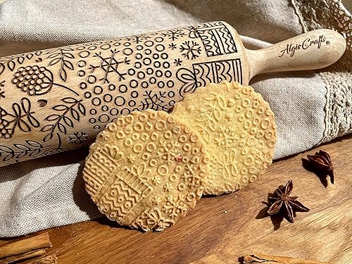 CHRISTMAS PRINTS Embossing Rolling Pin. Laser Engraved Dough Roller for Embossing Homemade Christmas Cookies by Algis Crafts