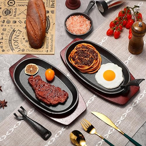 Miniatura 4 de Mifoci Juego de 12 sartenes ovaladas de hierro fundido para fajita, plato pequeño para carne chisporroteante con base de madera y mango de hierro