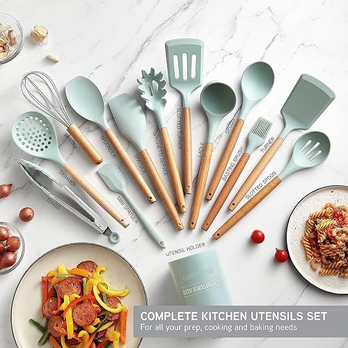 Miniatura 5 de Country Kitchen Utensilios de cocina de silicona, juego de utensilios de cocina de 14 piezas, utensilios de cocina de madera fáciles de limpiar,