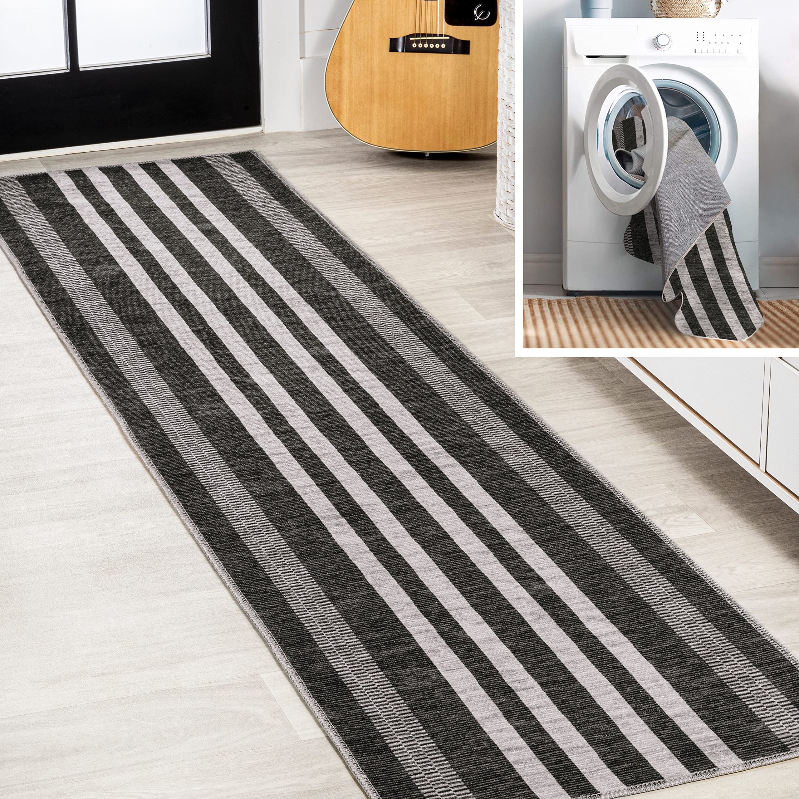 JONATHAN Y WSH122A-28 Vichy Geometric Striped Machine-Washable Indoor Area -Rug, Farmhouse Midcentury Rustic Easy -Cleaning,Bedroom,Kitchen,Living Room,Non Shedding, Ivory/Navy, 2 X 8