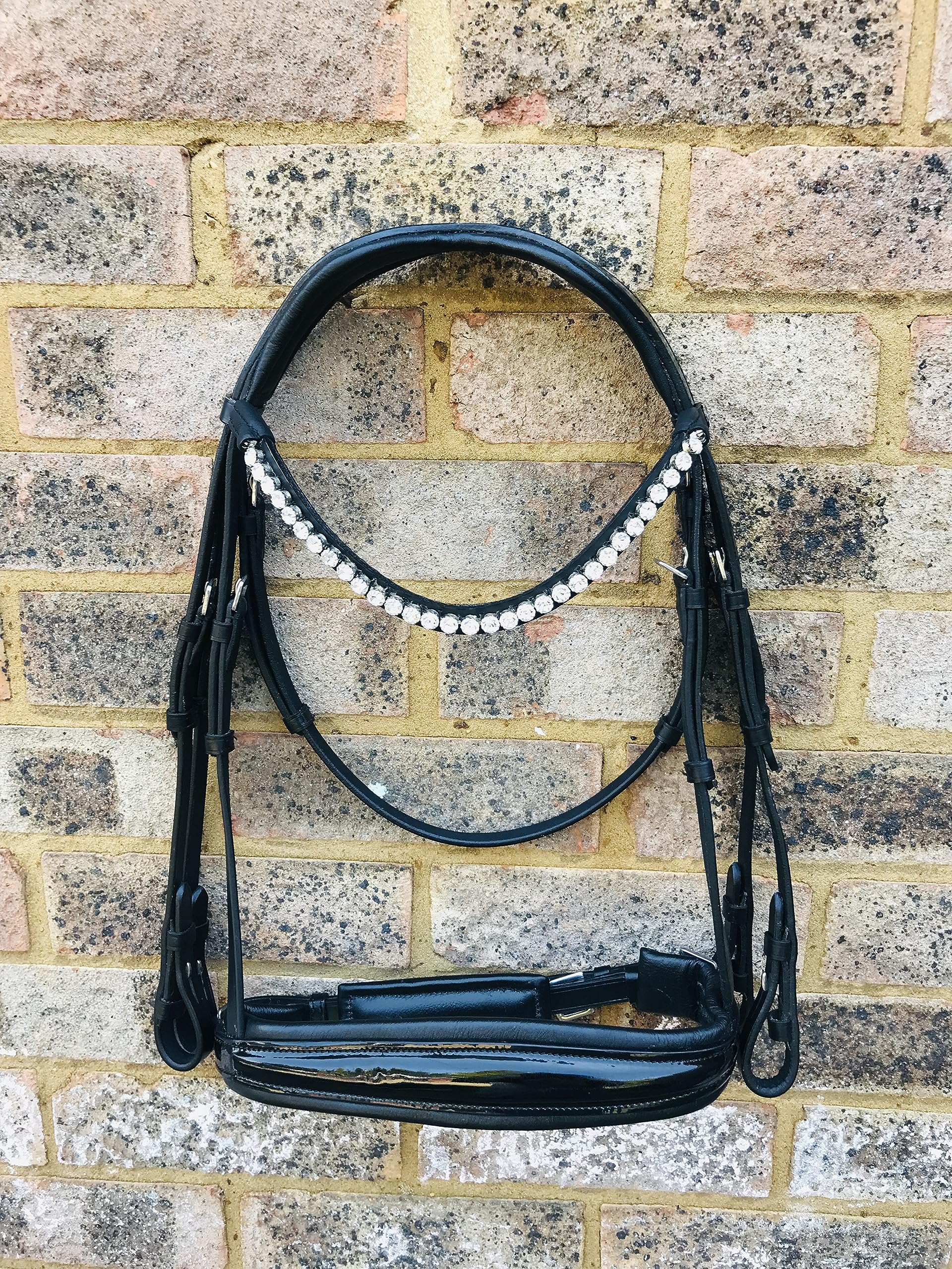 Benz Equestrian Black Leather Patent Dressage Double Bridle with Crystal Browband and Reins in size Large/Full