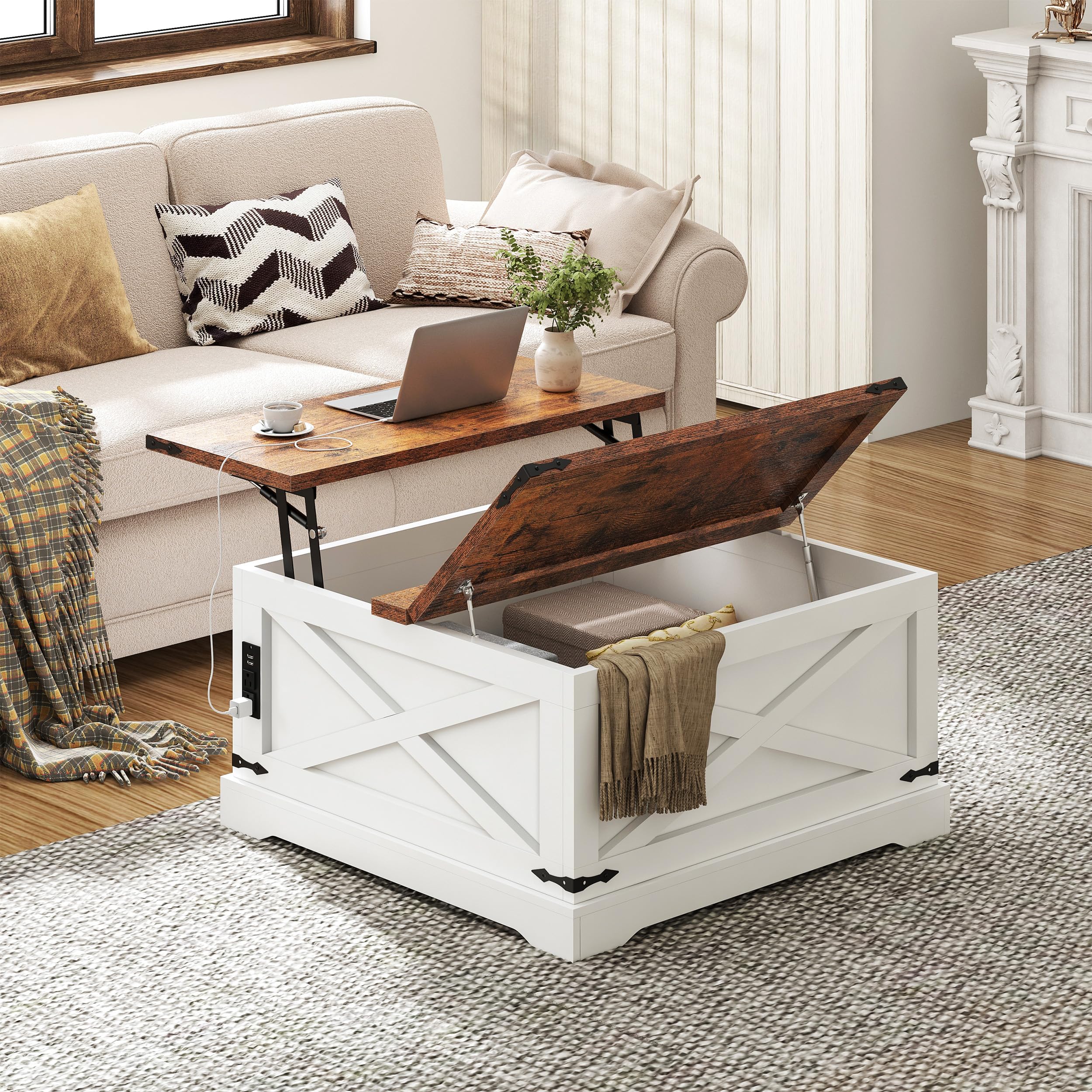 sogesfurniture 31" Lift Top Coffee Table with Storage, Square Central Table for Living Room, Wood Coffee Table with Large Hidden Storage, Rustic White