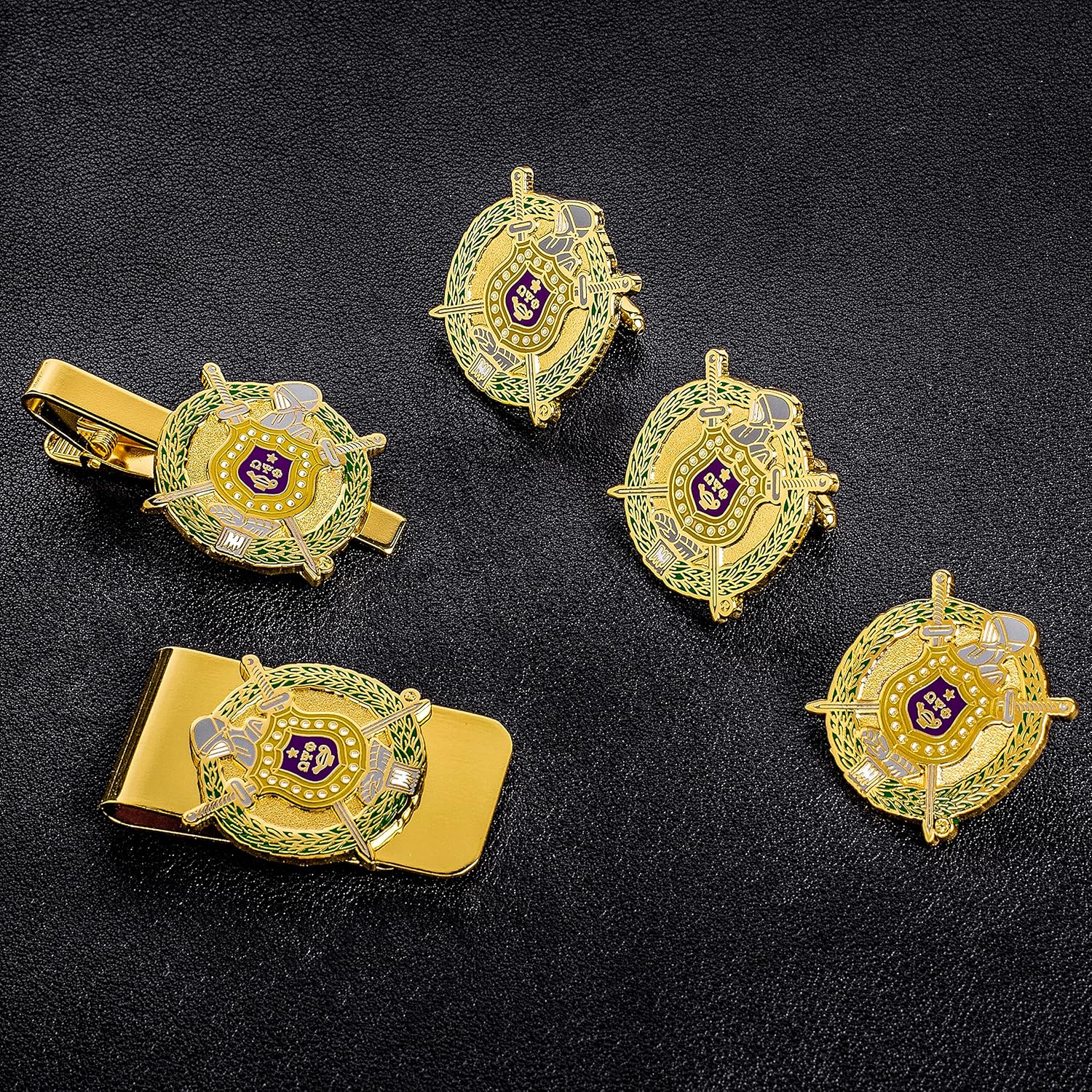 Omega Psi Phi Fraternity Paraphernalia - Official Vendor - Gift Set - Cufflinks, Money Clip, Tie Clip, Lapel Pin