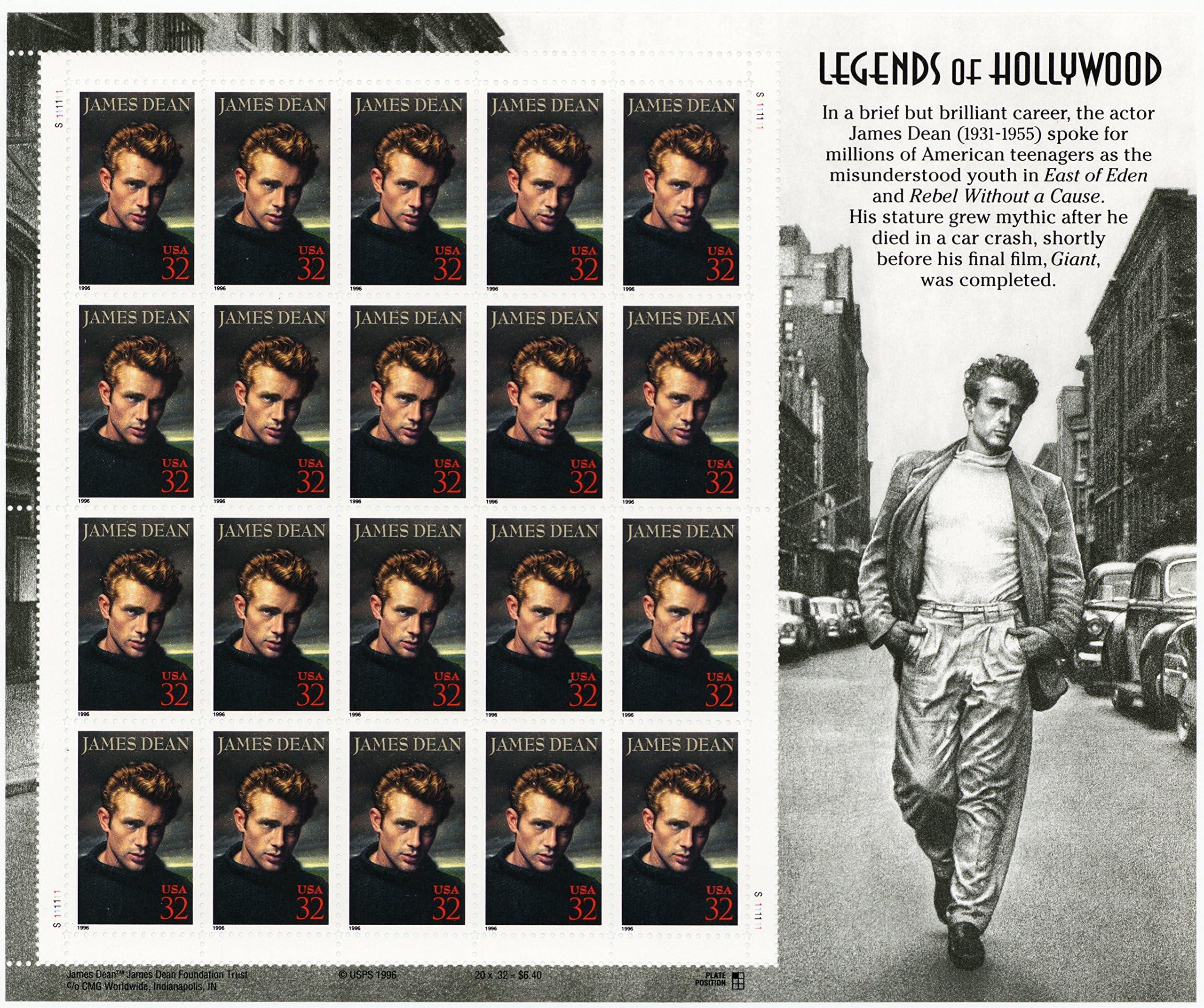 USPS James Dean Legends of Hollywood (Sheet of 20) 32 Cent Postage Stamps 1996 Scott #3082