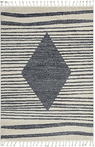 Miniatura 2 de Abani Alfombra de área de transición, alfombras grises y crema a rayas de diamante geométrico 7'9" x 10'2" (8x10) alfombra de área con borlas