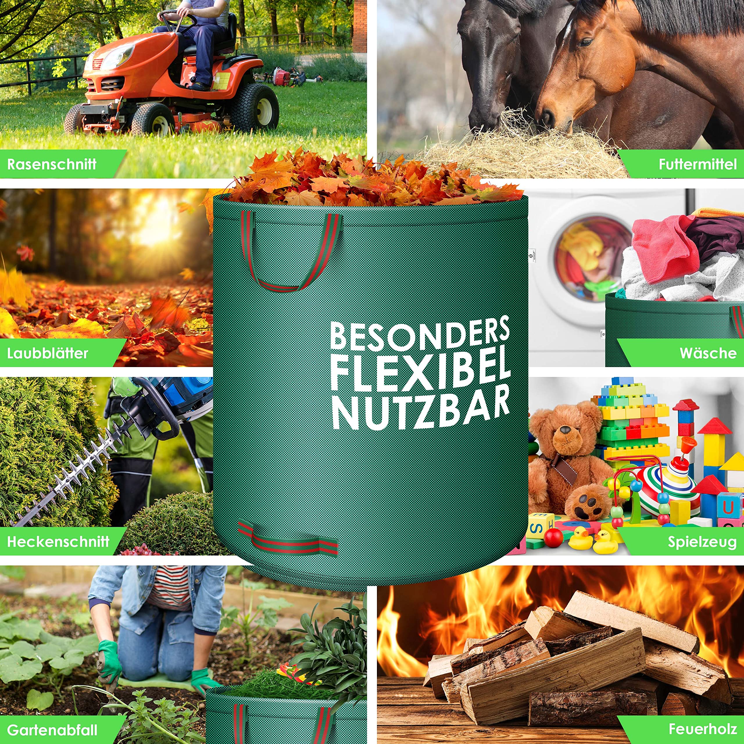 KESSER® Set di sacchi per foglie Sacco per rifiuti da giardino incl. Guanti, Robusto e pieghevole, Sacchi per foglie e l'erba tagliata Sacchi per rifiuti da giardino, 3x 272 Litri, Verde