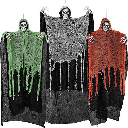 Miniatura 10 de JOYIN Parcas colgantes de Halloween (paquete de 3), una de 47 pulgadas y dos de 35 pulgadas, esqueleto de Halloween fantasma volador para decoración