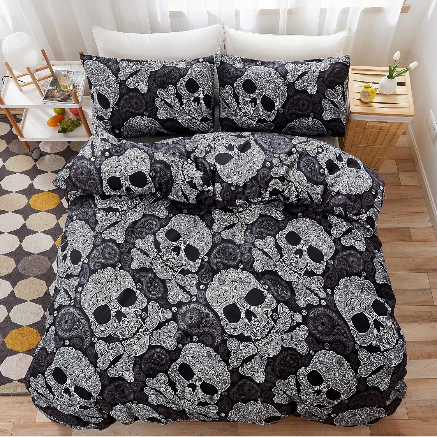 LAMEJOR Duvet Cover Set King Size Striped Pattern Reversible Luxury Soft Bedding Set Comforter Cover Microfiber(1 Duvet Cover+2 Pillowcases) Black/White