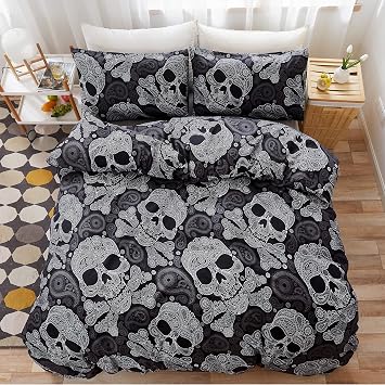LAMEJOR Duvet Cover Set Twin Size Halloween Decor Black Skull Skeleton/Paisley Floral Pattern Luxury Soft Bedding Set Comforter Cover 1 Duvet Cover+2 Pillowcases